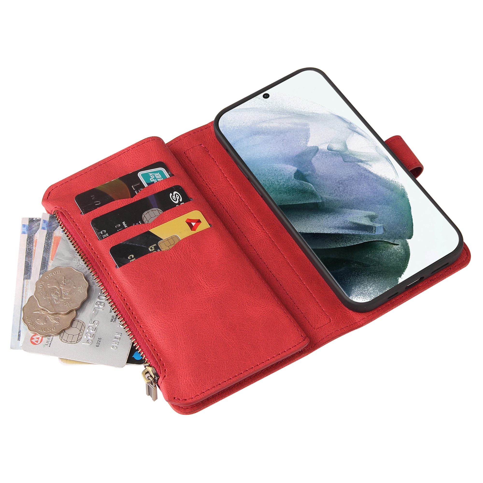 Phone Case for Samsung Galaxy S24 Ultra, S24 Ultra Wallet Case, Luxury Folio Flip Leather Cover [Zipper Pocket] [Wrist Strap] [Kickstand] for Samsung Galaxy S24 Ultra, Red
