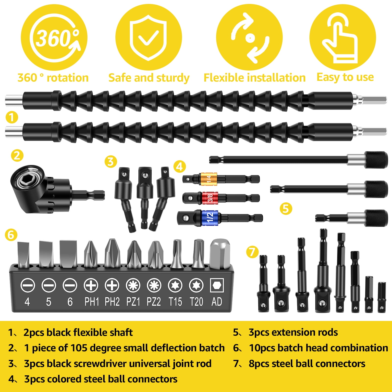 TMWEFUSC 30Pcs Flexible Drill Bit Extension Kit Quick Release Soft Shaft Screwdriver Kit with 105° Right Angle Drill Attachment 360° Rotatable Socket Adapter Extension Rod and 10 Bits