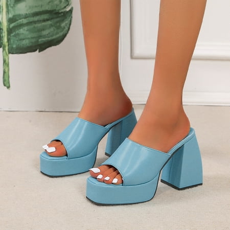 

HIMIWAY Sandals Women Platform Sandals Fashion Women s Shoes Cross Open Toe Thick Soled Women s Slippers Slip Square Heel High-Heeled Sandals Light blue 41