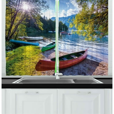 Ambesonne Scenery Kitchen Curtains, Bohinj Lake with Boats, 55"x39", Multicolor