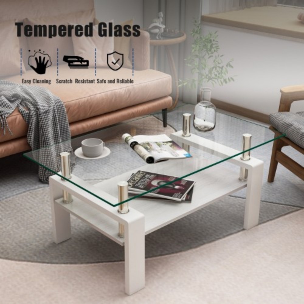 Rectangle Coffee Table, 39.2" Tempered Glass Tabletop with White MDF Storage Shelf and Iron Legs, Modern Clear Glass Center Table for Living Room, 220 lbs