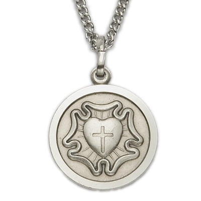 Singer Women's 15/16 Inch Nickel Silver Round Lutheran Rose Medal with Stainless Steel Rhodium Plated 18" Chain, Style Lutheran