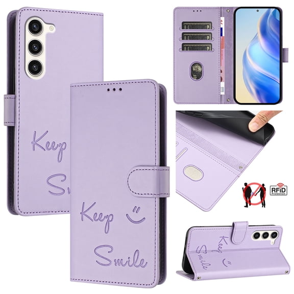 for Samsung Galaxy S23 Case Wallet with RFID Blocking Card Holder, Shoulder Strap & Wrist Strap, Smile Pattern PU Leather Magnetic Clasp Flip Purse Case for Samsung Galaxy S23, Purple