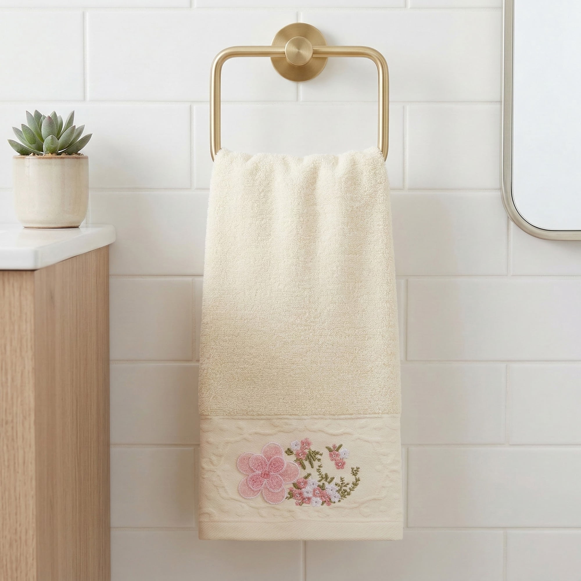Unique Bargains Floral Embroidered Soft Absorbent Set Hand Towels Milky White 2pk