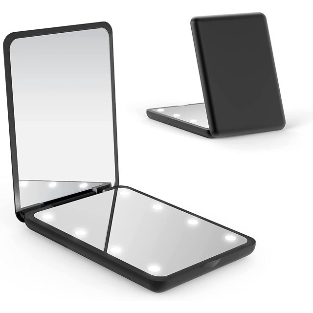 Espejo de maquillaje de viaje con luz LED negra, espejo compacto con aumento de 1x/3x, portátil para bolso, bolsillo, espejo plegable iluminado de 8,5 cm, espejo portátil de dos lados