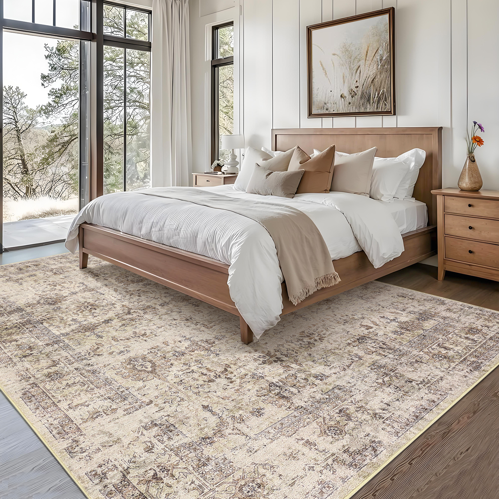 FairOnly 5'x7'Oriental Distressed Area Rug Machine Washable Non Slip Vintage Soft Indoor Floor Cover for Living Room Bedroom Office Study Room,Beige