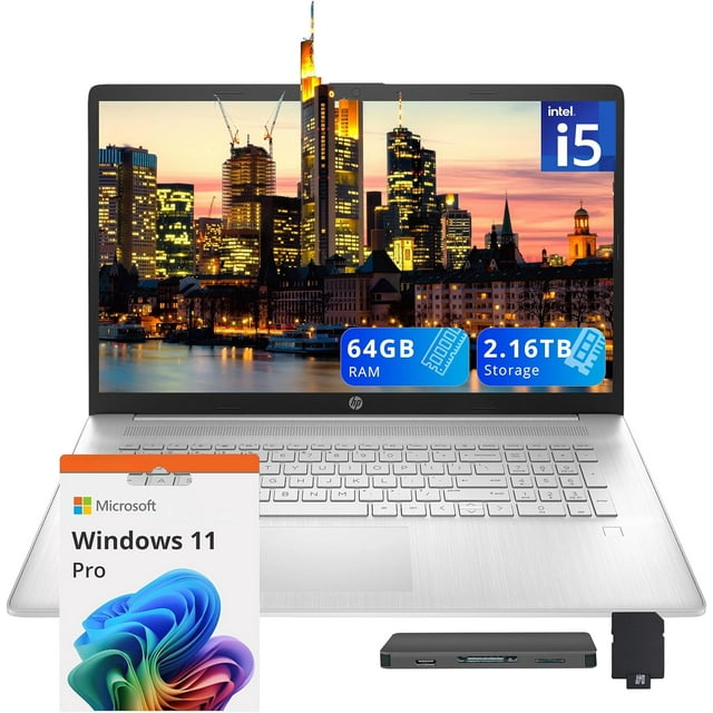 HP 17.3" FHD IPS Business Laptop, Intel i5-1334U, 64GB RAM, 2.16TB Storage (2TB SSD+160GB Docking Station Set), Intel Graphics, Full-Size Keyboard, Fingerprint Reader, Wi-Fi 6, Windows 11 Pro, Silver