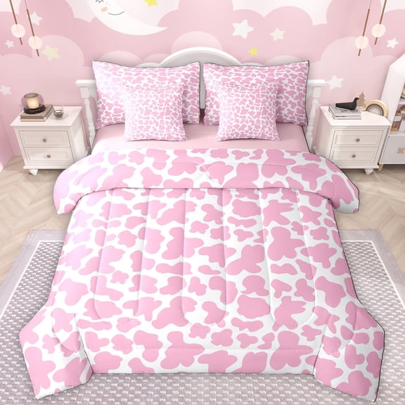 Manfei Cute Cow Pattern 7-Piece Twin Bedding Sets,Farm Animal Cattle Bedding Comforter Set,Pink White Sheet Sets For Girls Kids,Microfiber Bedroom Decor Reversible