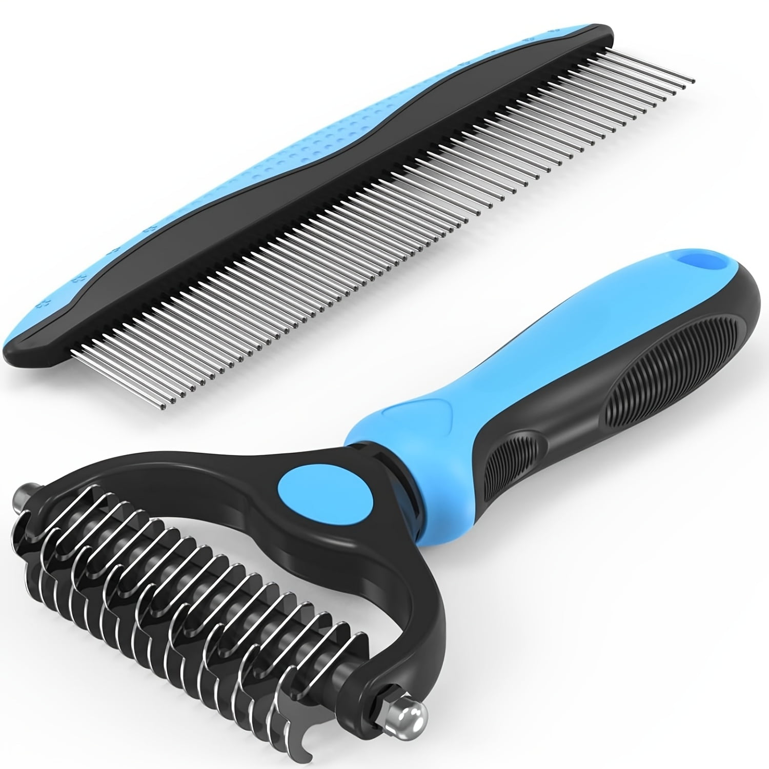 Pet Grooming Set: Blue Hair Removal Brush with Metal Comb for Detangling and Removing Tangled Hair in Cats and Dogs