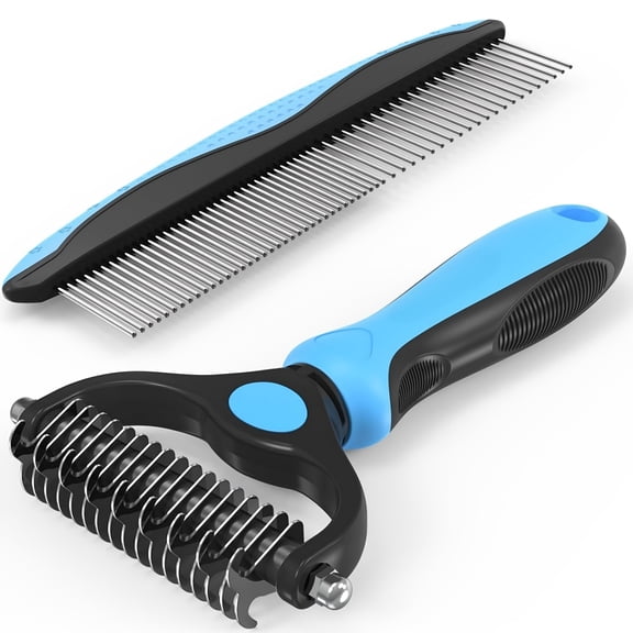 Pet Grooming Set: Blue Hair Removal Brush with Metal Comb for Detangling and Removing Tangled Hair in Cats and Dogs