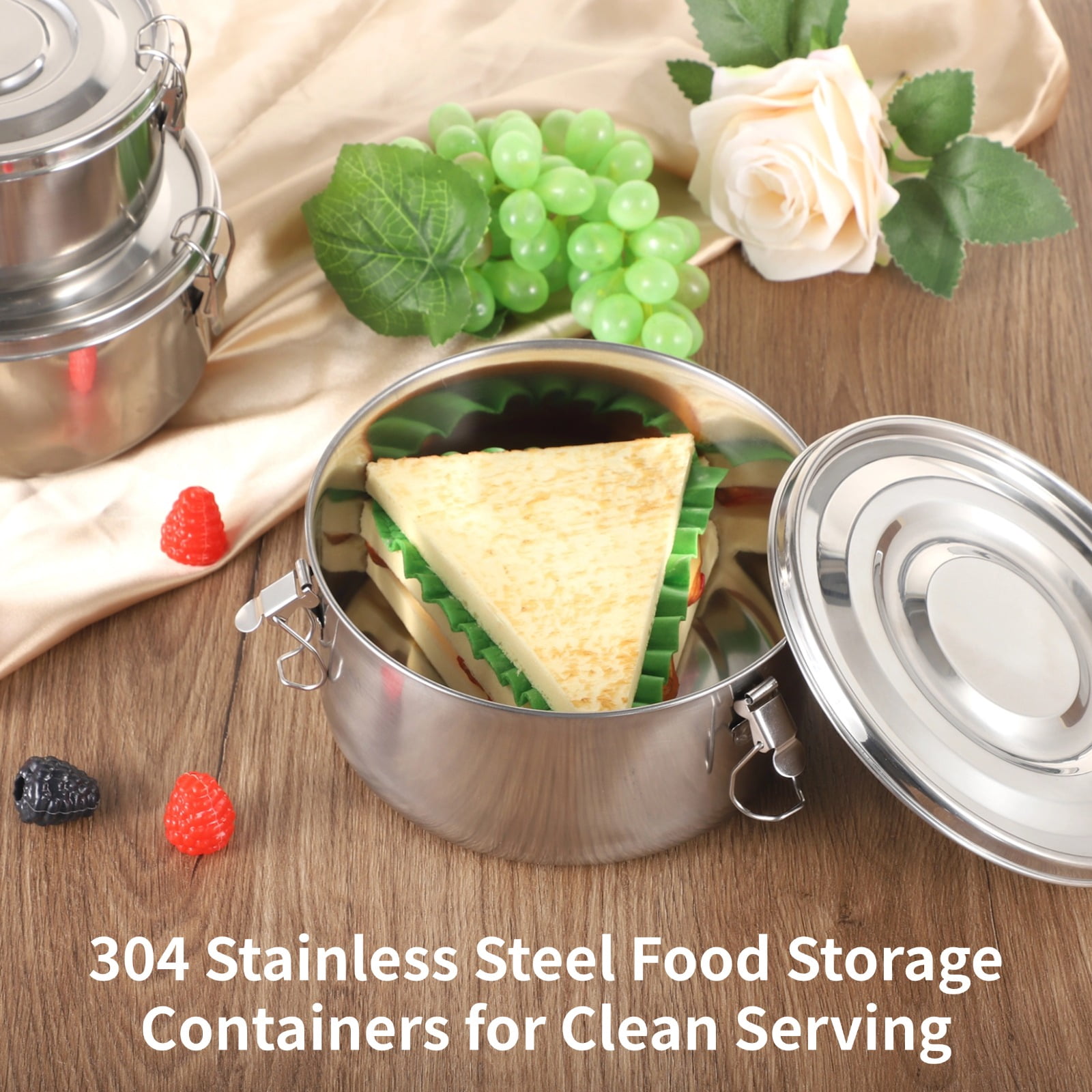3 PCS Stainless Steel Bento Box Set, Leak-Proof Food Storage Containers, 3 Sizes Round Airtight Food Containers, Large-capacity Dishwasher Safe Lunch Boxes, Stackable Silver Thermal Bento Box