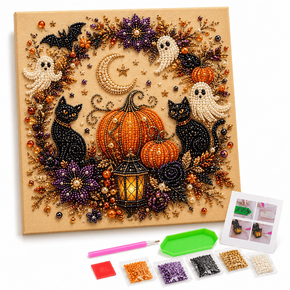 Halloween Pumpkin Cat Pearl Diamond Art Kit, DIY Pearl Painting with Frame, Beginner Fall Wall Decor Craft Gift for Adults