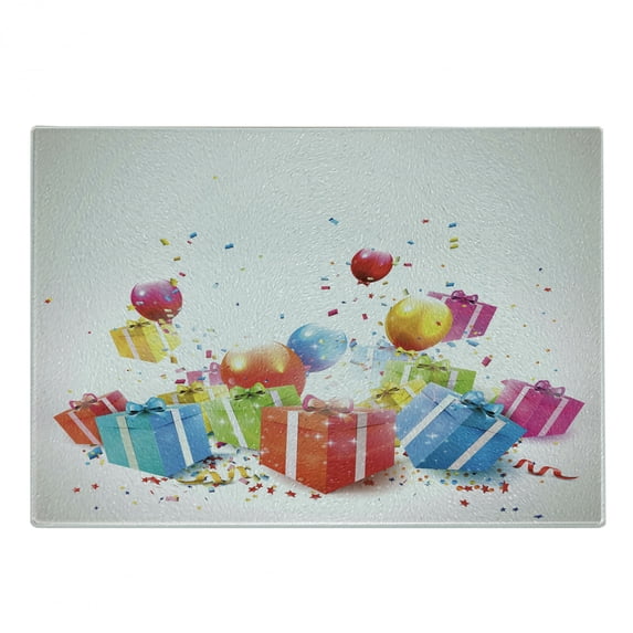 Birthday Cutting Board, Surprise Boxes with Bow Ties Rain Colorful Balloons Celebratory Set, Decorative Tempered Glass Cutting and Serving Board, Small Size, Multicolor, by Ambesonne