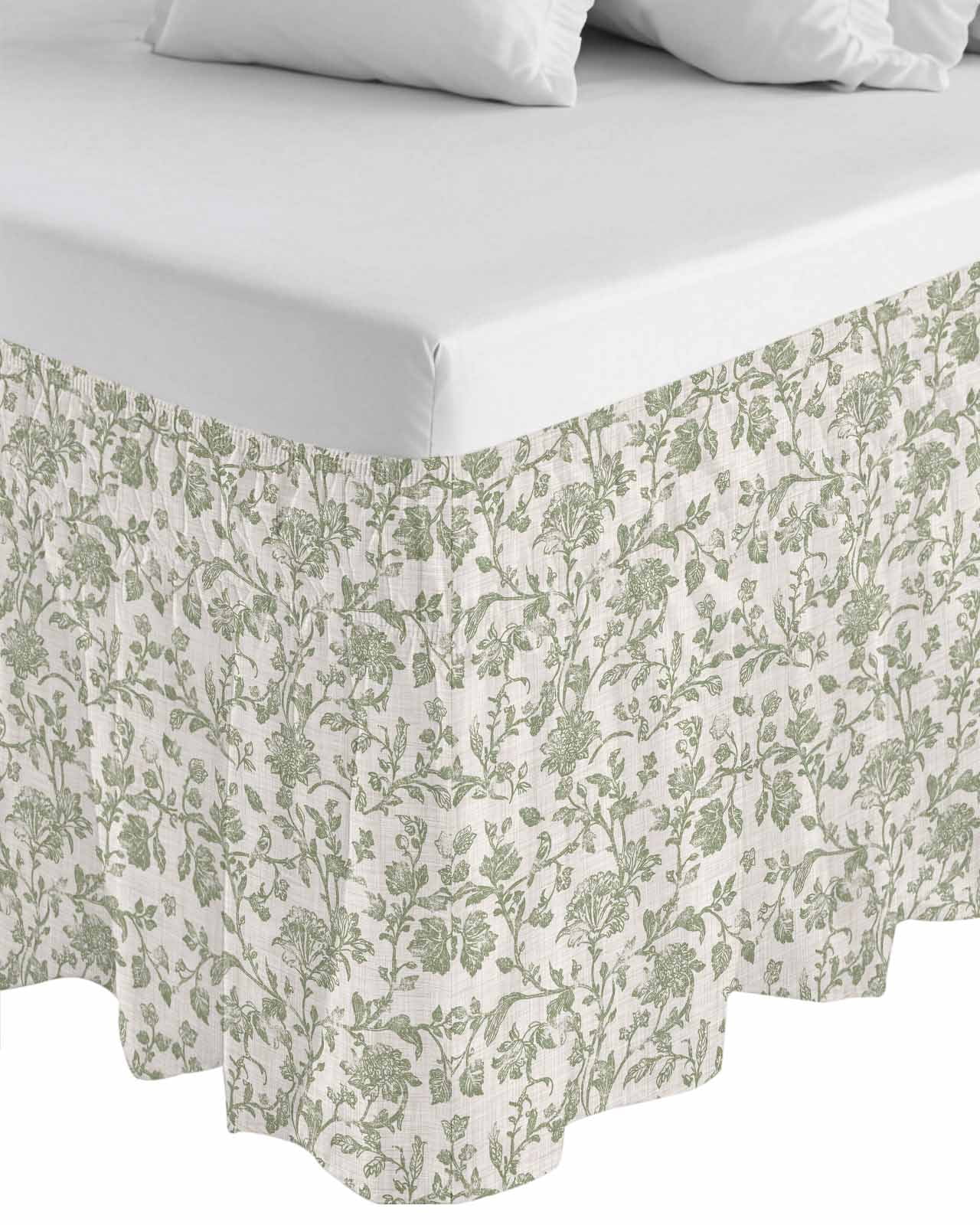 Farmhouse Sage Green Bed Skirt Queen Size, Vintage Flower Leaf Botanical Wrap Around Bed Skirting with Adjustable Elastic Strap, Dust Ruffle Pleated Bedskirts 16 Inch Drop for Bedroom Queen Beds