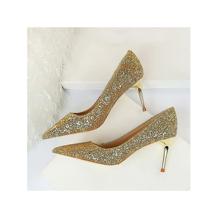 

Lumento Dress Pump for Womens Glitter Stiletto Heels Pointy Toe Pumps Lightweight D Orsay Shoe Night Club Non-slip Slip On Shoes Gold 9