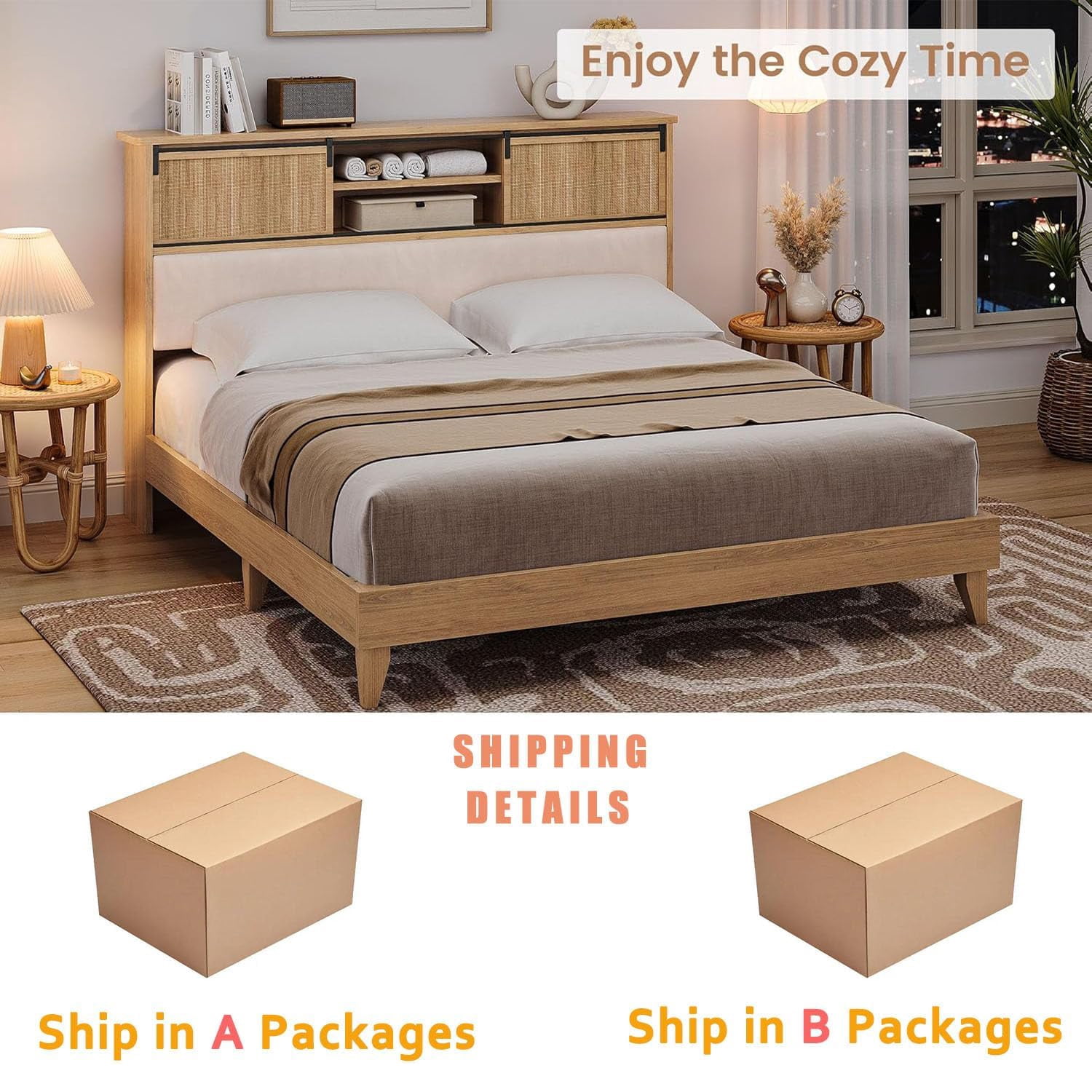Shininglove King Size Rattan Bed Frame with Storage – Boho-Chic Bedroom Furniture with Sliding Door Shelf, Solid Wood Slats, & No Box Spring Needed – Easy Assembly Natural Oak