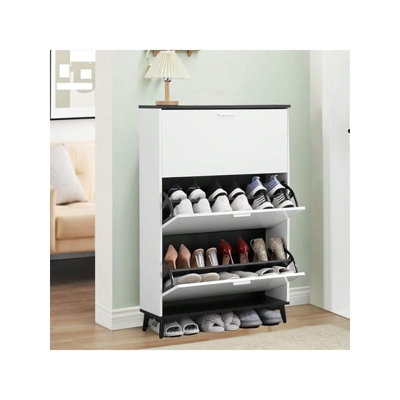 Shoe Storage Cabinet With 3 Flip Drawers, Narrow Shoe Rack Cabinet Modern Freestanding Shoe Organizer Freestanding Anti-Dumping Shoe Organizer For Entryway Hallway, White