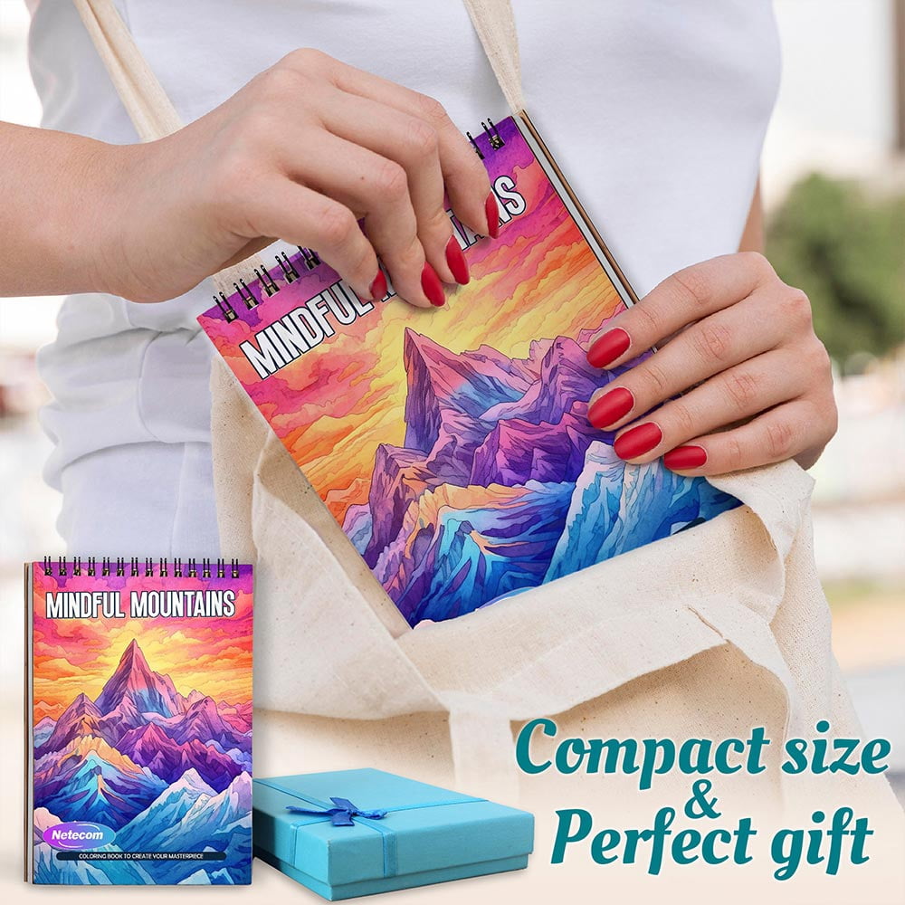 Mindful Mountains Coloring Book Spiral Bound For Adults, A5 Wooden Cover, 30 Calming Coloring Pages in Stunning Mountain Vistas for Stress Relief and Relaxation