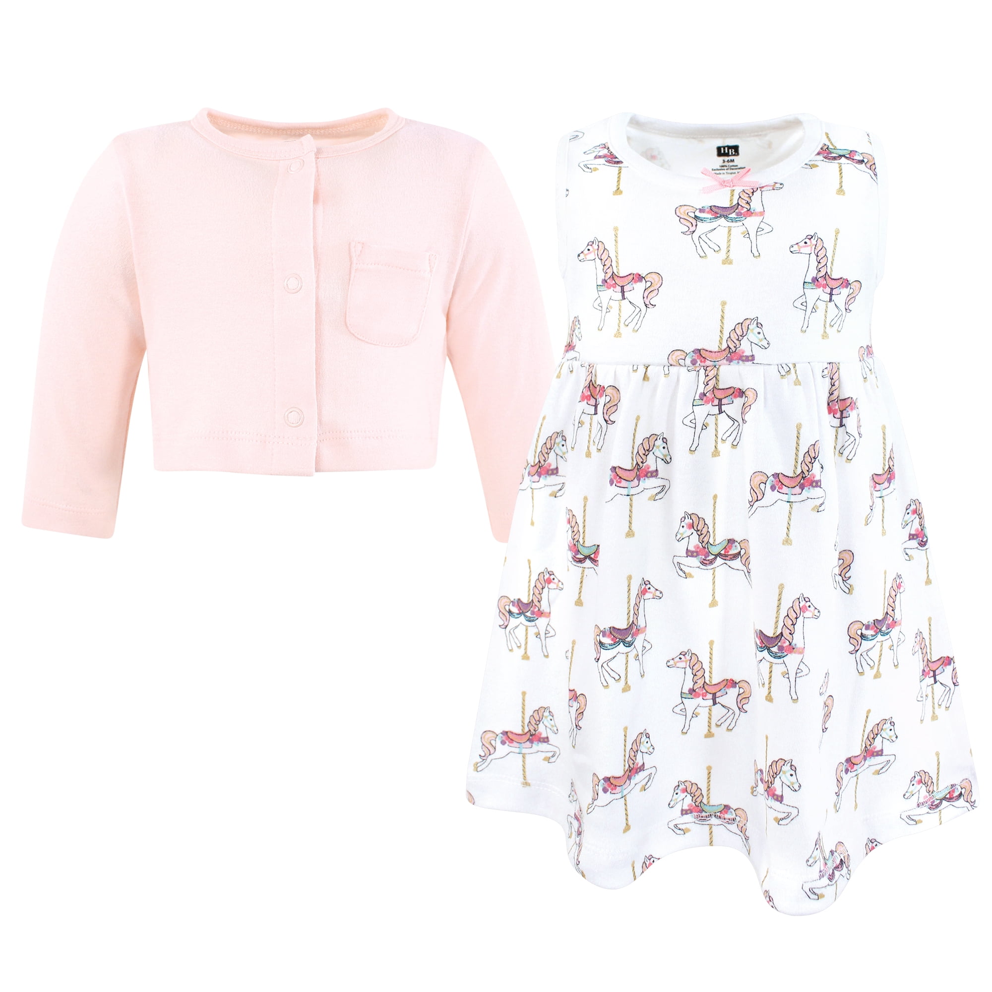 Hudson Baby Infant and Toddler Girls Cotton Dress and Cardigan Set, Carousel Horse, 18-24 Months