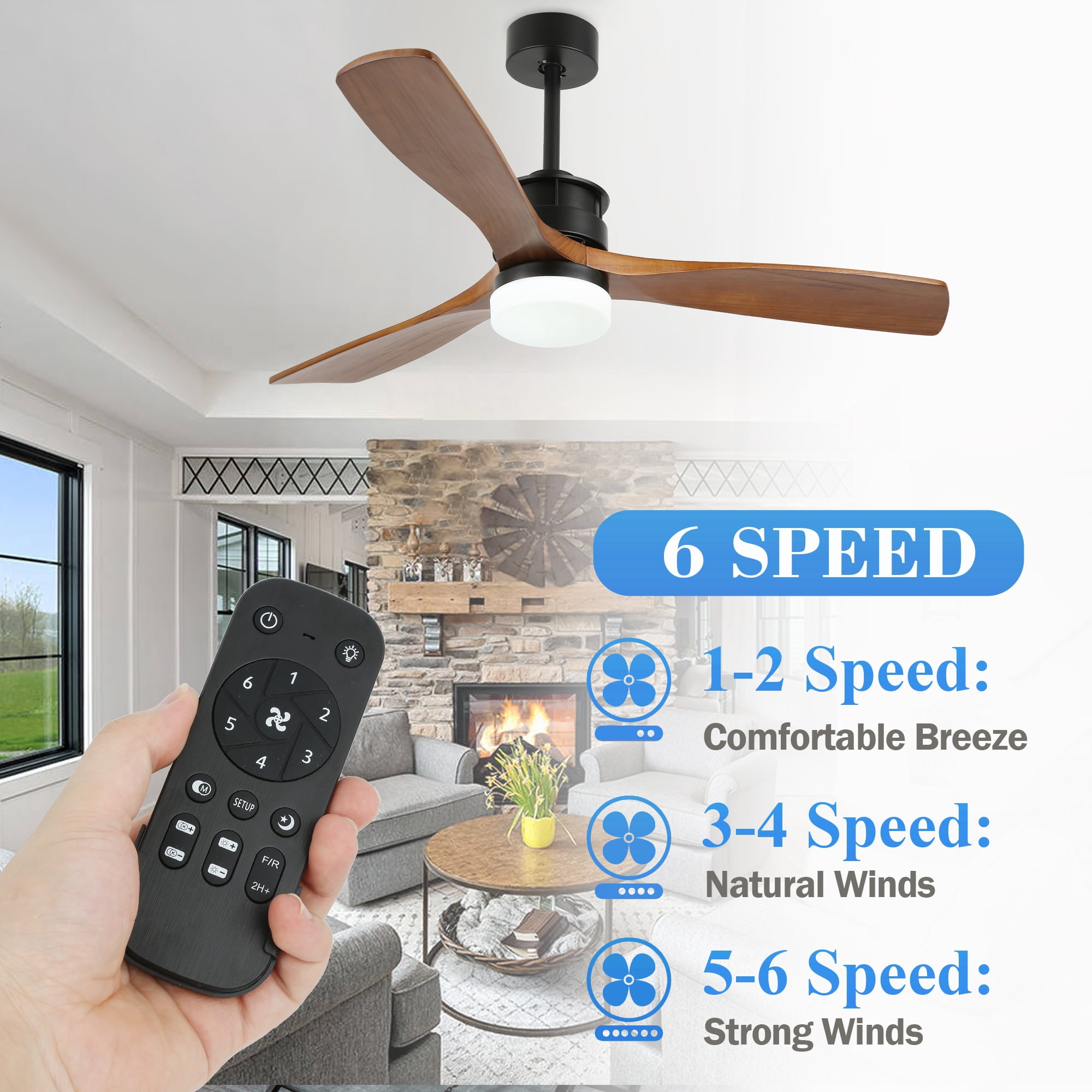Bella Depot 52" Black Natural Wood Ceiling Fan with Dimmable LED Light, Reversible Blades, Remote Control