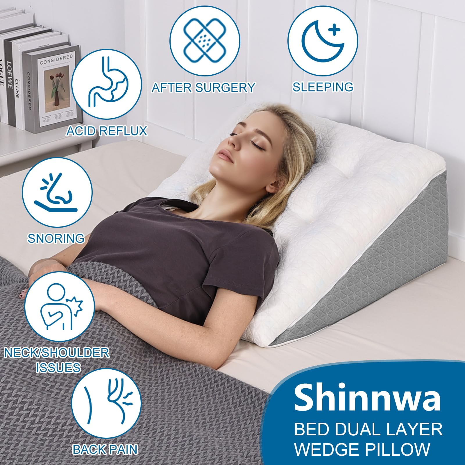 Shinnwa Wedge Pillow for Sleeping with Tufted Memory Foam Top Dual-layer Body Positioner Elevate Cushion