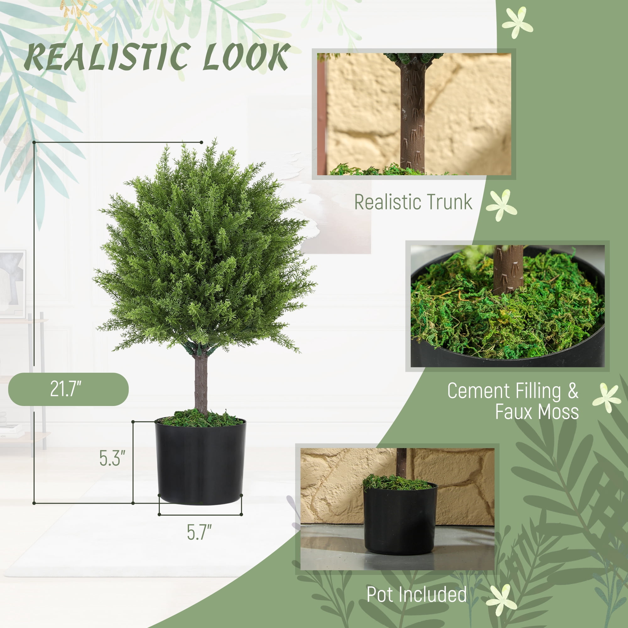 HOMCOM Set of 2 Decorative Artificial Plants, Cedar Topiary Trees in Pots, Fake Plants for Home Indoor outdoor Decor, Green