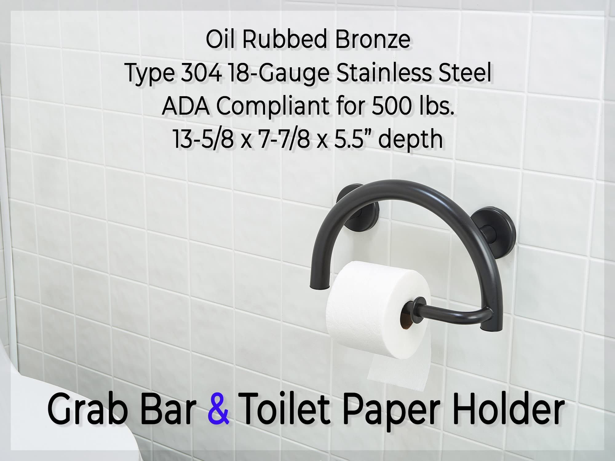 Grab Bar Toilet Paper Holder - Bathroom Safety Aid/304 Stainless Steel/Oil Rubbed Bronze/ 13" x 8"