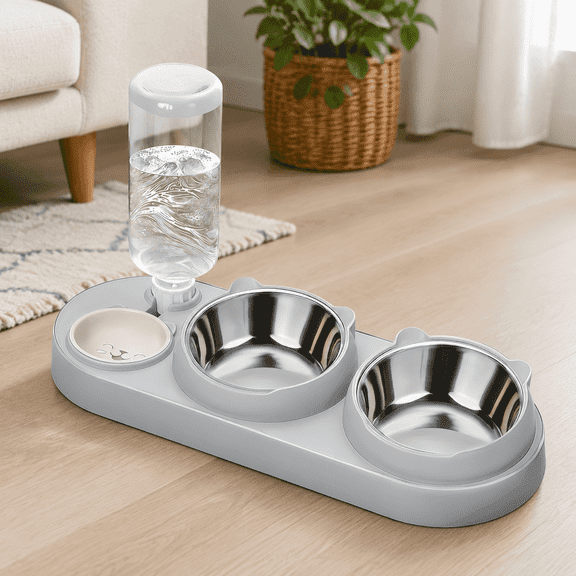 Cat Food and Water Dispenser, Cat Food and Water Bowl Set, Automatic Pet Feeder, Cat Food Dishes for Indoor Cats, 3 in 1 Tilted Stainless Steel Bowl Set for Small Medium Pets