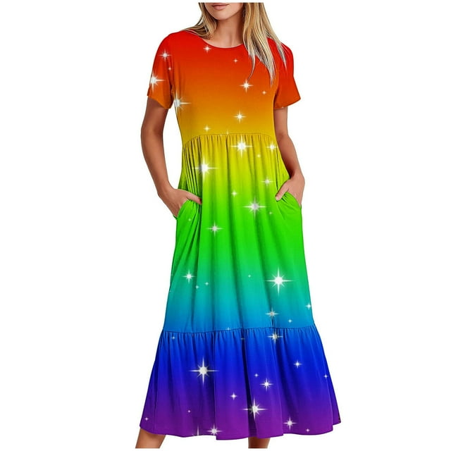 Jusqu'à 65 % de Rabais! Robes d'Été Mode pour Femmes 2024 Grande Taille Décontractées à Manches Courtes Col Ras du Cou Robe Décontractée Fluide à Étages Maxi Robe de Plage avec Poches Robe à Imprimé Dégradé