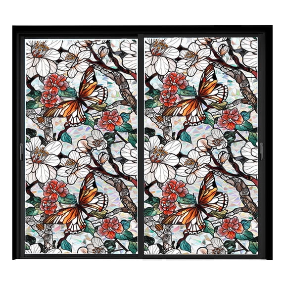 Rainbow Floral Window Film for Glass Doors - Decorative Indoor Static Cling Privacy Sticker with Flower Design and Removable Clear Film for Windows and Doors 100x43cm