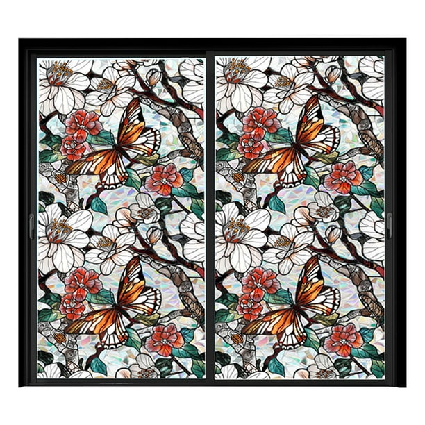 Lámina adhesiva estática para ventanas con motivos florales arcoíris, 100 x 43 cm, calcomanía de PVC, 8 diseños botánicos, puertas de cristal