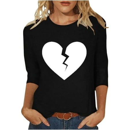 ZHOUCHANKIDS Women s Valentine s Day T-Shirts Fashion Valentine s Day Print Casual Tee Shirt For Women With Short Sleeves And Crew Neck Daily Wear Holiday Outfit Black L