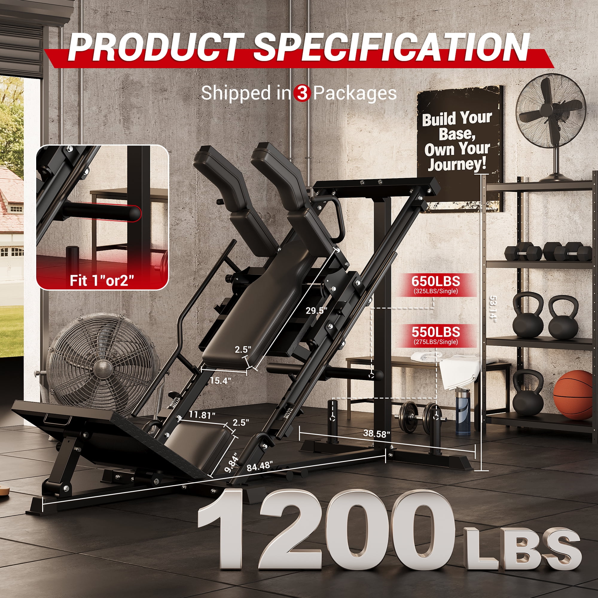 GARVEE 1200lb Leg Press Hack Squat Machine,3-in-1 Multifunctional Leg Machine with Linear Bearing Hack Squat & Leg Press Combo,Fits 1" & 2" Plates,Strength Training Lower Body