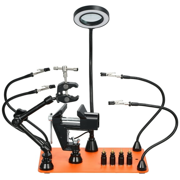 KFFKFF Magnetic Helping Hands Soldering Station with Adjustable Arms, LED Magnifying Lamp, PCB Holders, and Hot Air Gun Stand for Electronics, Crafts, and DIY Projects