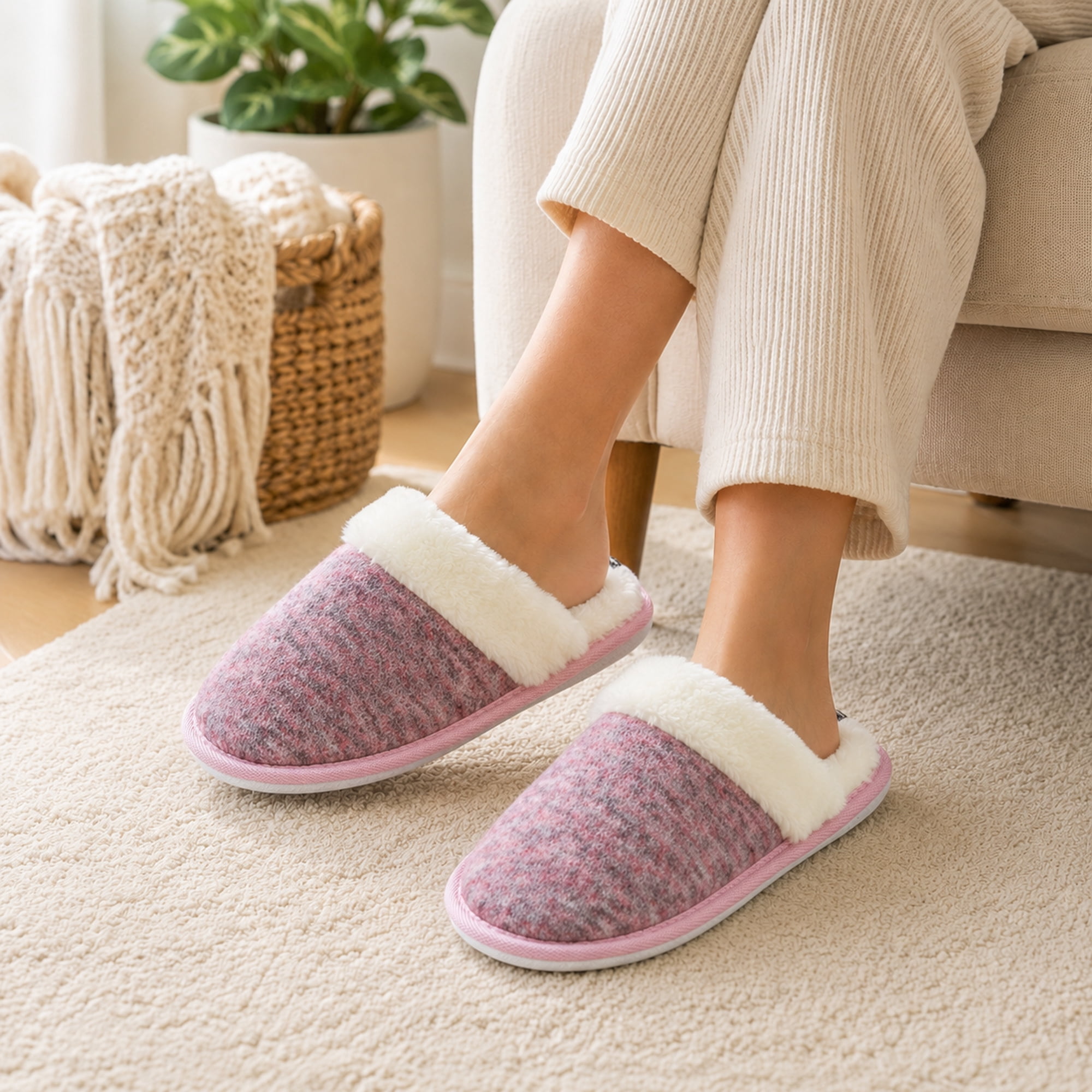 Women’s Warm Knit House Slippers with Faux Fur Lining and Non-Slip Rubber Sole, Indoor Outdoor
