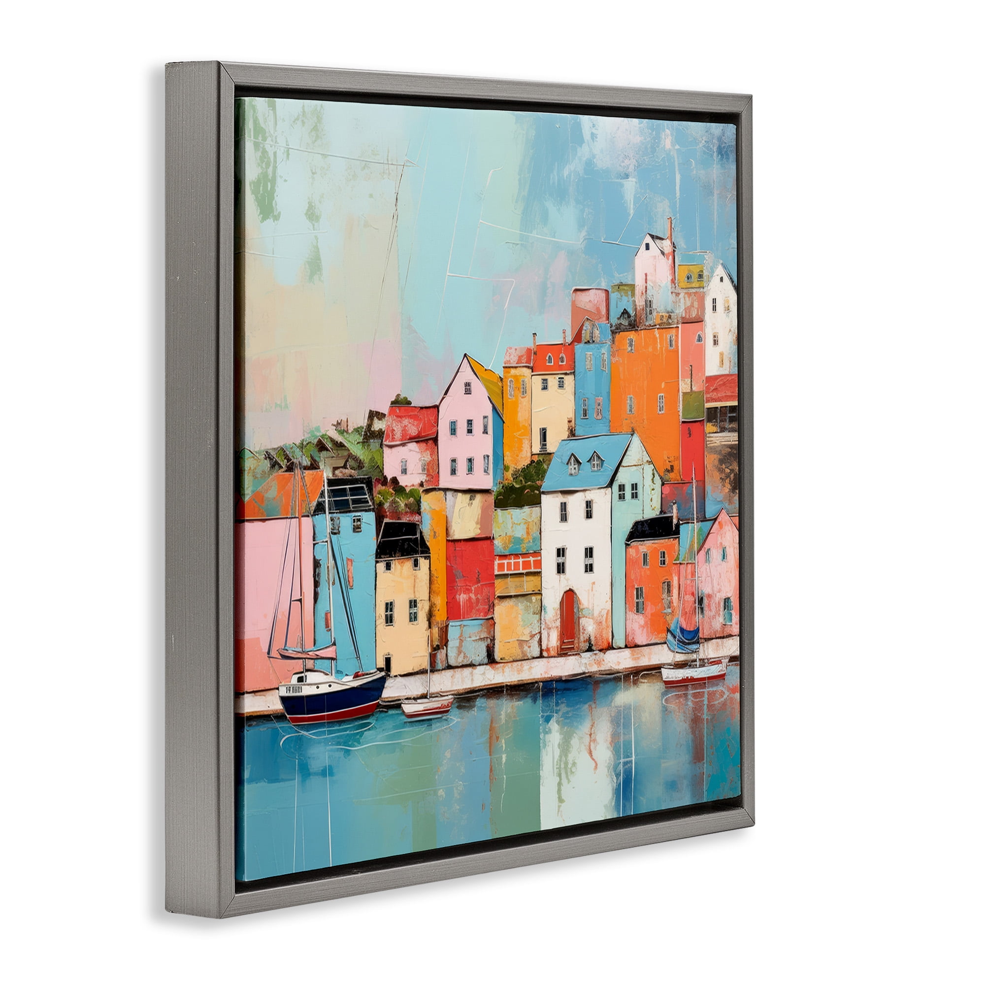Stupell Industries Seaside Neighborhood Painting Transportation Painting Gray Floater Framed Canvas Art Print Wall Art, 25 x 25