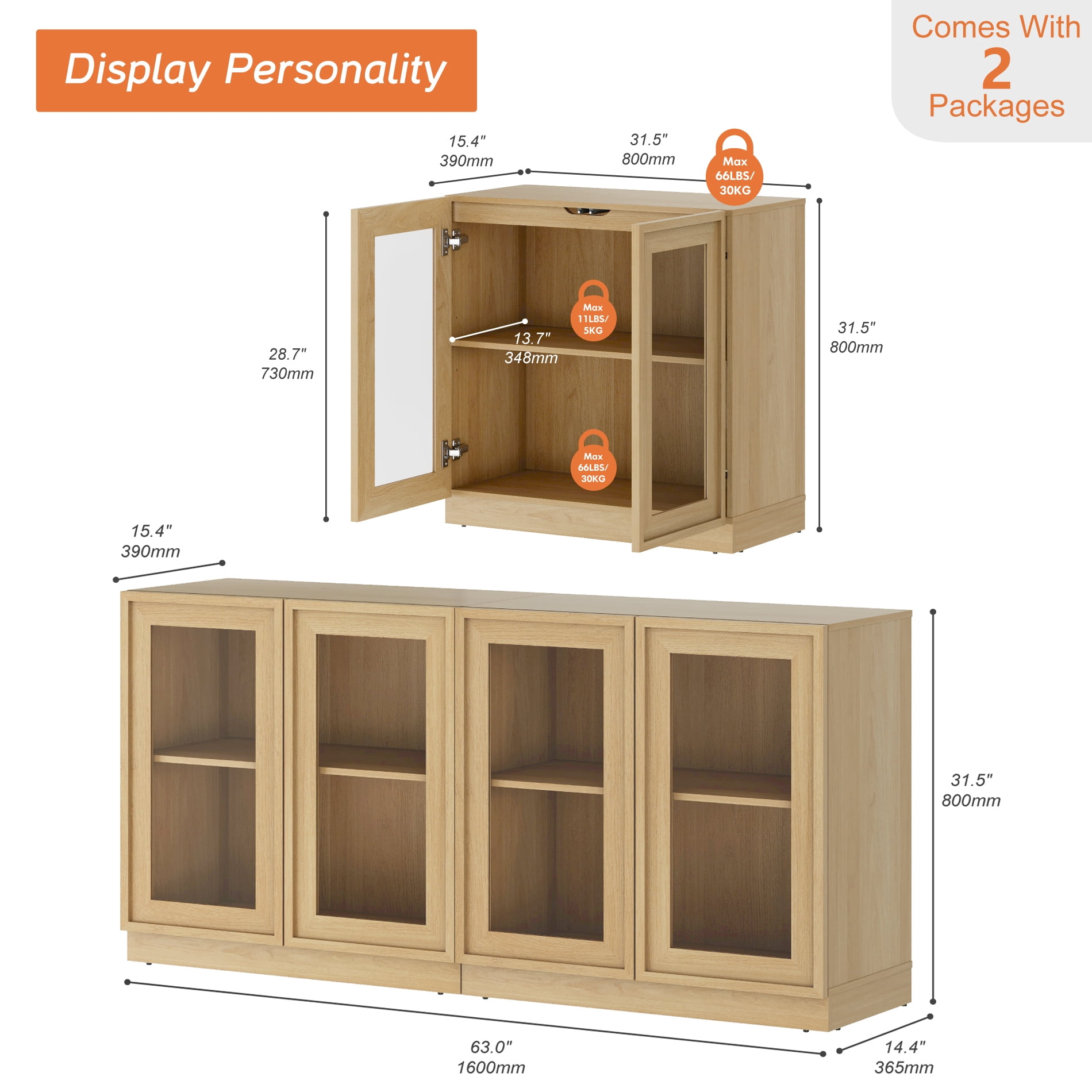 WAMPAT Modern TV Stand for TVs Up to 70", 2-in-1 Entertainment Center TV Console with 4 Glass Doors and Adjustable Shelf, Wooden Media Console Cabinet for Living Room, Bedroom, Oak