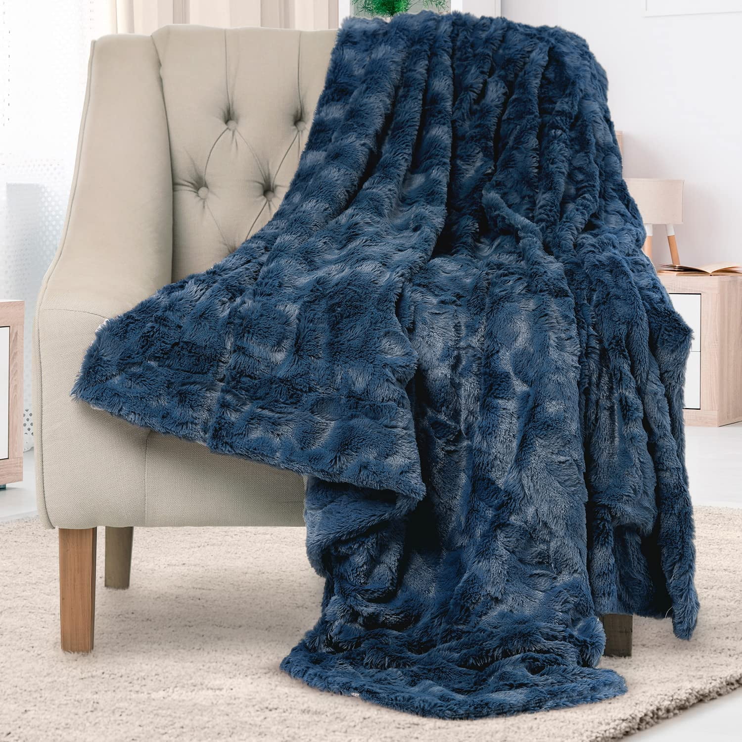 Luxury Faux Fur Throw Blanket Soft Fluffy Warm Cozy Minky Comfy Plush Navy Blue Walmart