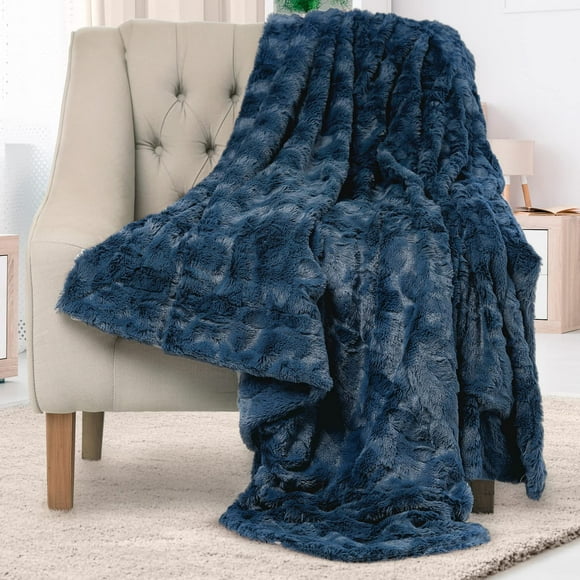 Luxury Faux Fur Throw Blanket - Soft, Fluffy, Warm, Cozy, Minky, Comfy, Plush (Navy Blue)