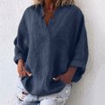 thumbnail image 2 of JINMGG Fall Tops for Women Women's Fashion Solid Color Tops Long Sleeved Loose Cotton and Linen Loose Shirt Blouse V-Neck Casual Tops Navy XXL, 2 of 6