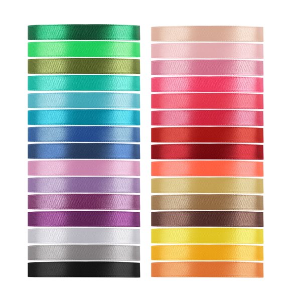 Paq. de Cintas de Satén Económicas, 30 Colores, 750 Yardas, Rollos de Seda Tomorotec 3/8" y 25 Yardas c/u para Envolver Regalos, Lazos, Manualidades, Fiestas y Bodas.