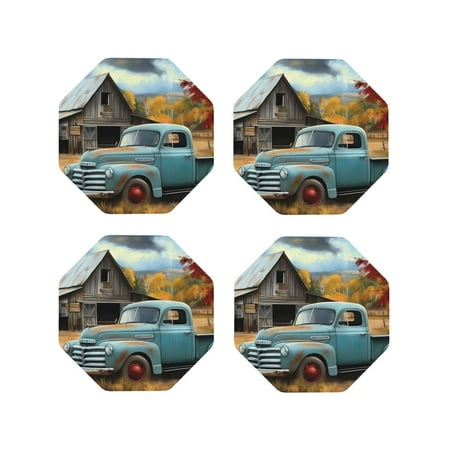 

Honeii Vintage Truck Farm Scene Print Leather Coaster Set of 4 Ideal for Safeguarding Your Furniture from Drinks Spills and Effortless Cleanup-Octagon