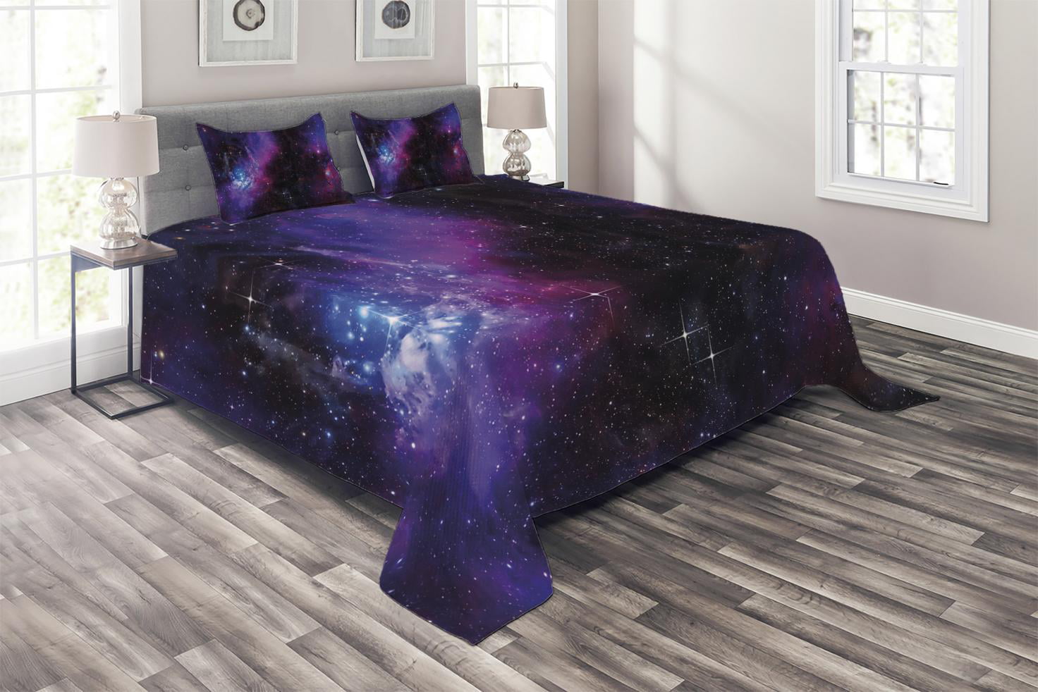 Nebula Quilted Bedspread & Pillow Shams Set Galaxy Stars in Space Print 