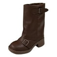 thumbnail image 6 of Fold over Mid Calf Boots for Women Vintage Leather Buckles Square Toe Chunky Heels Motorcycle Riding Tall Boots Brown Size 8, 6 of 7