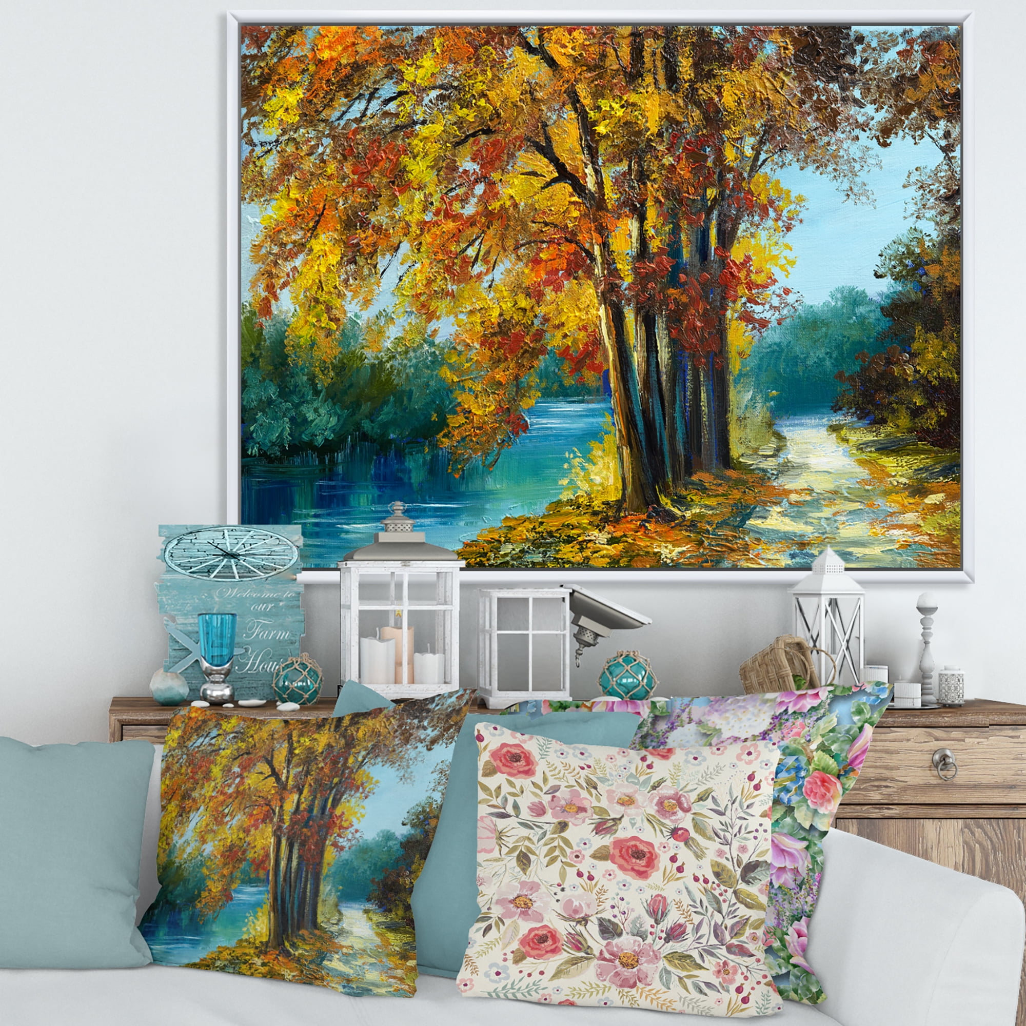 Designart 'Abstract Trees In Warm Autumn Colors By Bright Blue River' Traditional Framed Canvas Wall Art Print