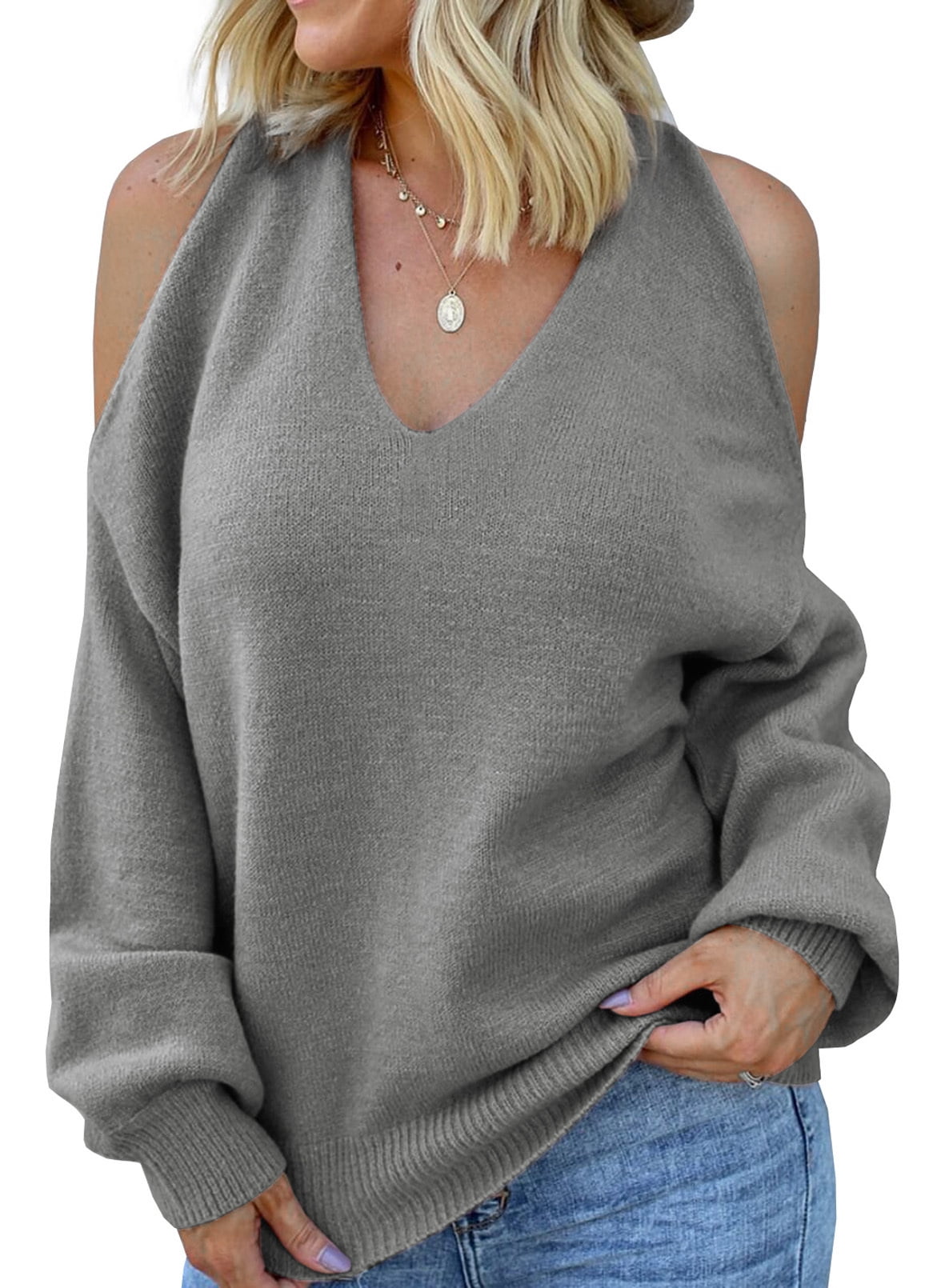 Aleumdr Women Off The Shoulder Long Sleeve Comfy Warm Pullover Sweater Tops 