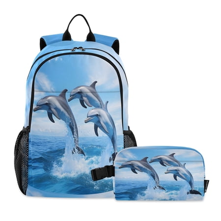 ALAZA Dolphin Jumping School Backpack Lunch Box Set Student Bookbag