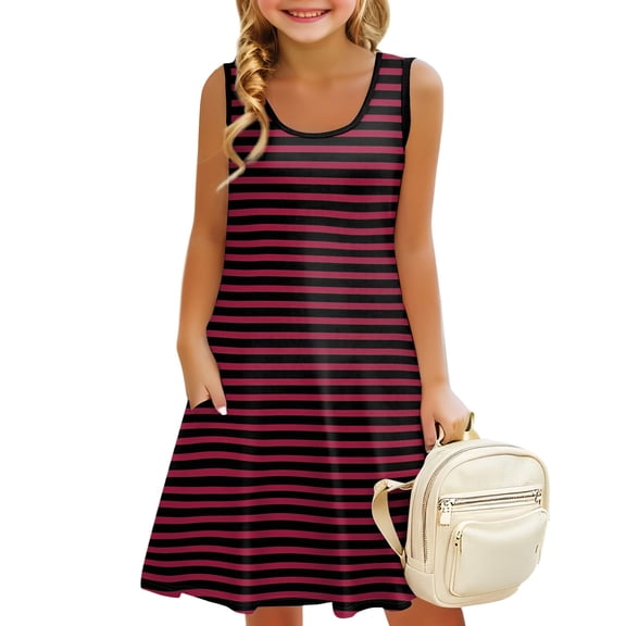Grblisyd Girls Dress Sleeveless U Neck Striped Sundress for Casual Home Party Beach 4-12 Years