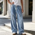 thumbnail image 2 of Women Washed Wide Leg Denim Pants, Casual Loose Fit Long Jeans with Side Pockets Blue-C XL(XL), 2 of 7
