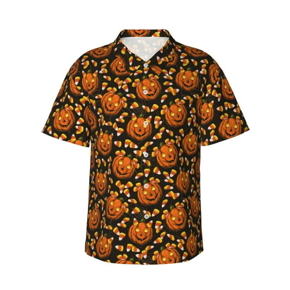 Fuzoiu Quirky Corn Pumpkin Print Hawaiian Shirt for Men, Summer Beach Casual Short Sleeve Button Down Shirts, Men’s Beach Summer Shirts with Pocket,